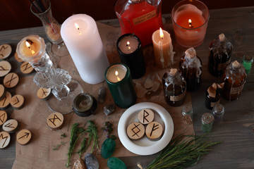 magic ritual with runes and pentagram and magical attributes