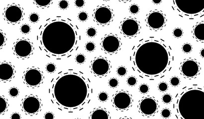 abstract illustration covid, coronavirus, pollen, dust, star, circles black symbol with white background, of various sizes, spreading like aerosol.