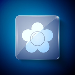 White Flower icon isolated on blue background. Square glass panels. Vector Illustration