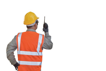Fototapeta premium Worker with Hand holding walkie-talkie isolated on white background