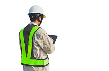 worker with Ipat in hand isolated on white background with copy space.