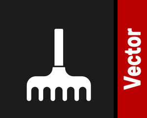 White Garden rake icon isolated on black background. Tool for horticulture, agriculture, farming. Ground cultivator. Vector Illustration