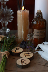 magic ritual with runes and pentagram and magical attributes