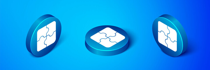 Isometric Piece of puzzle icon isolated on blue background. Business, marketing, finance, template, layout, infographics, internet concept. Blue circle button. Vector Illustration