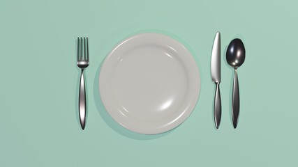 Fork, knife, spoon and plate on table. 3d rendering.