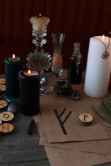 magic ritual with runes and pentagram and magical attributes