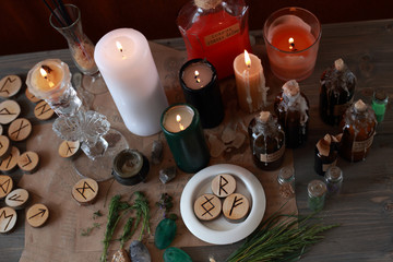 magic ritual with runes and pentagram and magical attributes