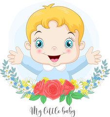 Obraz premium Cartoon cute little baby boy with flowers background