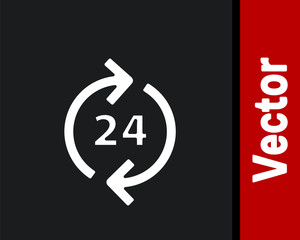 White Telephone 24 hours support icon isolated on black background. All-day customer support call-center. Full time call services. Vector Illustration