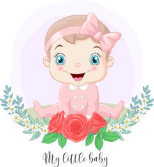 Cartoon cute little baby girl with flowers background
