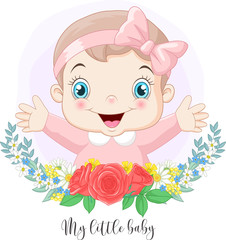 Cartoon cute little baby girl with flowers background