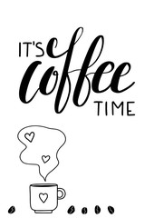 Vector It's coffee time poster. Coffee beans with cup illustration. Cute lettering and hand drawn elements. White background. Doodle style.
