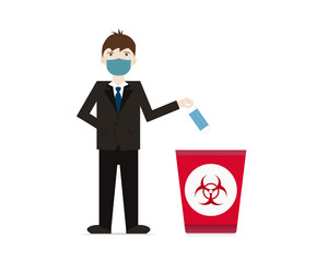 Young man hold Disposable mask into the trash,covid -19 Infectious waste