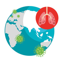 planet earth with covid19 particles and lungs vector illustration design