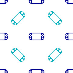 Blue Portable video game console icon isolated seamless pattern on white background. Gamepad sign. Gaming concept. Vector Illustration