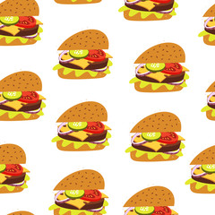 Burger Seamless Pattern isolated on white background. Vector illustration.