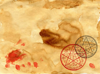 Mystic background with blank and magic seal with pentagram on old paper texture parchment.