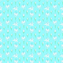 Seamless colored blue background with white tiger lily flowers.