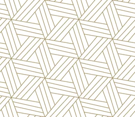 Foto op Plexiglas Naadloze patroon met abstracte geometrische lijn textuur, goud op witte achtergrond. Licht modern eenvoudig behang, heldere tegelachtergrond, zwart-wit grafisch element © nadiinko