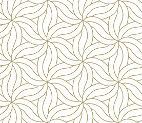 Fototapeta premium Seamless floral pattern with abstract geometric flower line texture, gold on white background. Light modern simple wallpaper, bright tile backdrop, decorative graphic element
