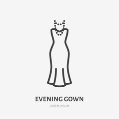 Evening gown line icon, vector pictogram of woman dress with pearl necklace. Clothes illustration, sign for fashion store