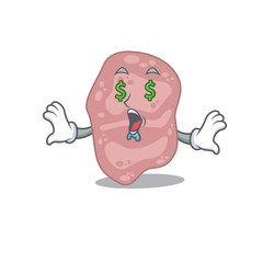 Rich cartoon character design of verrucomicrobia with money eyes