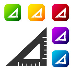 Black Triangular ruler icon isolated on white background. Straightedge symbol. Geometric symbol. Set icons in color square buttons. Vector Illustration