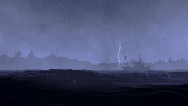 Fishing ship sailing on rough sea against mountain range and lightning storm