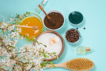 Spa products for home body care for cellulite and acne. sea salt, coffee scrub, honey in plates on a blue background and a flower branch. spring composition of organic ingredients