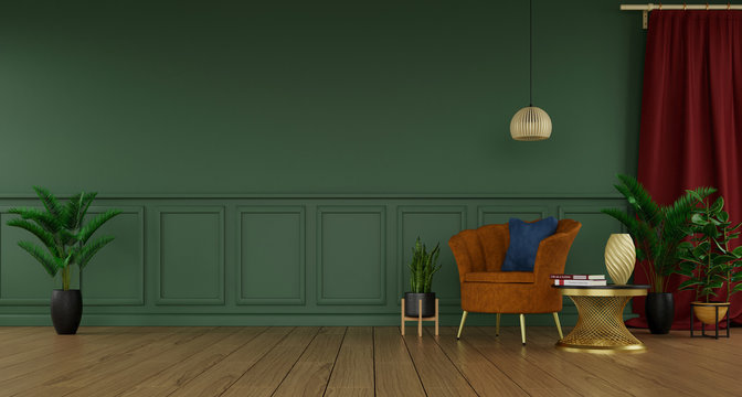 Stylish iving room with lot of plants on emty green wall, 3d rendering 