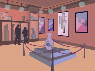 Museum interior illustration. Interior Gallery, Museum interior with modern artworks on walls, sculptures, vases.Art gallery with exhibition. Cartoon vector illustration.Vector furniture and interior