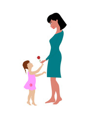 A daughter giving a flower to her mother. Happy Mothers Day Illustration.