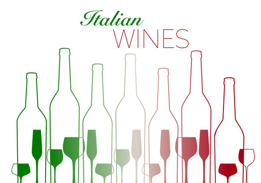 outlines of wine bottles and glasses with italian flag colors isolated on white background