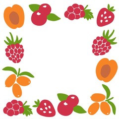 Hand drawn berry frame. Berry icon and strawberry inscription for print and web. Vector illustration.