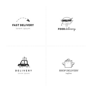 Fast delivery, express mail elements. Set of vector hand drawn logo templates.