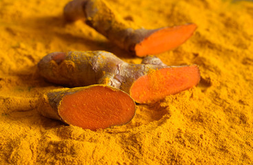 Turmeric powder and turmeric (curcumin) root for spice and healthy food,Turmeric background.