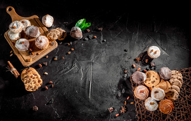 Healthy homemade baking cookies and muffins with nuts. Popular dessert with hot tea or coffee. Copy space top view