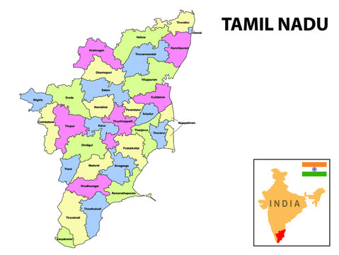 Tamil nadu map. District ways map of tamil nadu with name. Vector illustration of Tamilnadu geographical map. New and original design with showing border line and name.