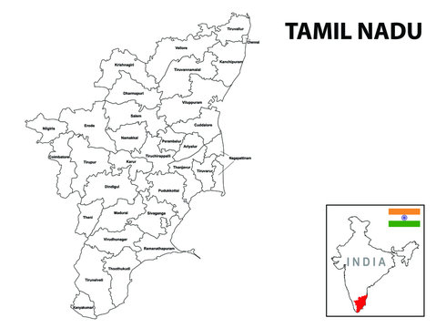 Tamil nadu map. District ways map of tamil nadu with name. Vector illustration of Tamilnadu geographical map. New and original design with showing border line and name.