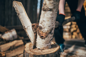 Blow of an ax splits a birch log into two - logging for heating a house