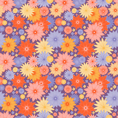Blooming summer meadow seamless pattern. Plant background of pink, red, yellow and purple flowers. A lot of different flowers on the field. Trendy floral design for fashion, wallpapers, print