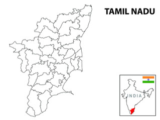 Tamil nadu map. District ways map of tamil nadu with name. Vector illustration of Tamilnadu geographical map. New and original design with showing border line and name.