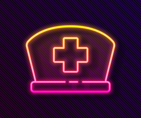 Glowing neon line Nurse hat with cross icon isolated on black background. Medical nurse cap sign. Vector Illustration