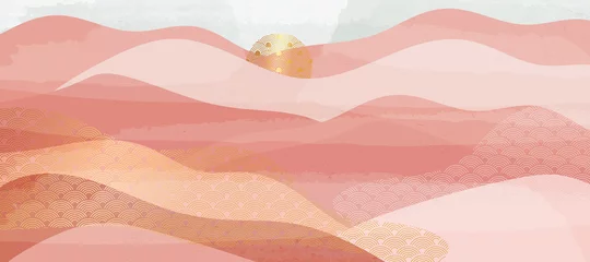 Wandcirkels tuinposter Japanse Cover achtergrond sjabloon met kopie ruimte voor tekst en afbeeldingen ontwerp door abstracte golf, zon en goud patroon. vectorillustratie. © TWINS DESIGN STUDIO