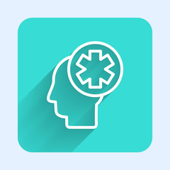 Obraz premium White line Male head with hospital icon isolated with long shadow. Head with mental health, healthcare and medical sign. Green square button. Vector Illustration