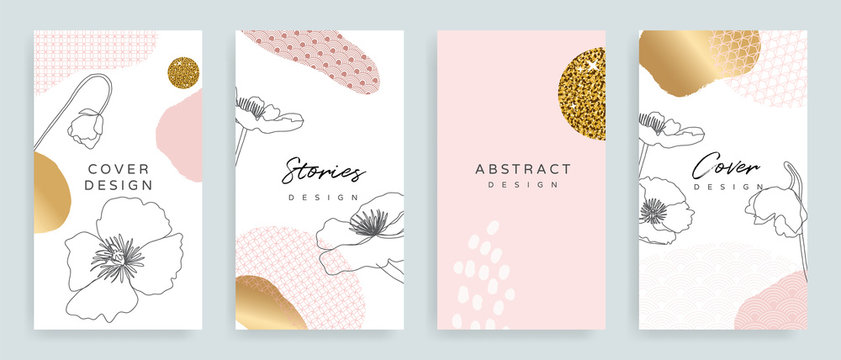 Social media stories and post vector background template with copy space for text and images design by abstract pink and Gold shapes, line arts ,flower, Japanese Cover, Square cover design background 