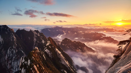 Huashan National Park mountain landscape at sunset, China.