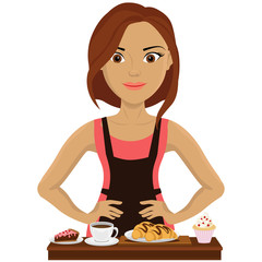 A cute girl in an apron is preparing dessert and coffee in the kitchen. Vector illustration on a white isolated background.