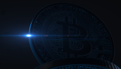Bitcoins, new virtual money on various digital background, 3D render