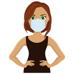 A girl in a protective medical mask. Vector illustration on the topic of security. Stay home.